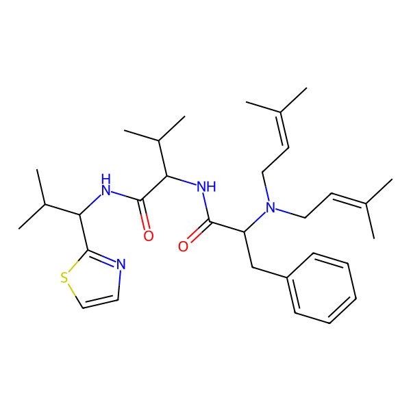 2D Structure of (2S)-2-[[(2S)-2-[bis(3-methylbut-2-enyl)amino]-3-phenylpropanoyl]amino]-3-methyl-N-[(1S)-2-methyl-1-(1,3-thiazol-2-yl)propyl]butanamide