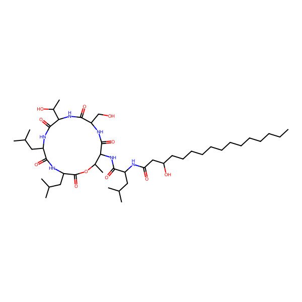 2D Structure of 3-hydroxy-N-[1-[[9-(1-hydroxyethyl)-12-(hydroxymethyl)-16-methyl-3,6-bis(2-methylpropyl)-2,5,8,11,14-pentaoxo-1-oxa-4,7,10,13-tetrazacyclohexadec-15-yl]amino]-4-methyl-1-oxopentan-2-yl]hexadecanamide