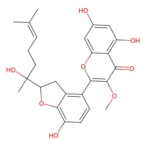 2D Structure of 5,7-dihydroxy-2-[(2S)-7-hydroxy-2-[(2S)-2-hydroxy-6-methylhept-5-en-2-yl]-2,3-dihydro-1-benzofuran-4-yl]-3-methoxychromen-4-one
