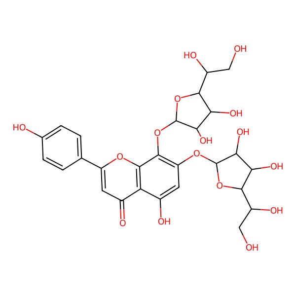 2D Structure of 7-[(2S,3R,4R,5R)-5-[(1R)-1,2-dihydroxyethyl]-3,4-dihydroxyoxolan-2-yl]oxy-8-[(2S,3R,4R,5S)-5-[(1R)-1,2-dihydroxyethyl]-3,4-dihydroxyoxolan-2-yl]oxy-5-hydroxy-2-(4-hydroxyphenyl)chromen-4-one