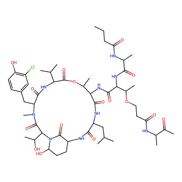 2D Structure of 2-[2-(butanoylamino)propanoylamino]-N-[5-[(3-chloro-4-hydroxyphenyl)methyl]-21-hydroxy-2-(1-hydroxyethyl)-4,11-dimethyl-15-(2-methylpropyl)-3,6,9,13,16,22-hexaoxo-8-propan-2-yl-10-oxa-1,4,7,14,17-pentazabicyclo[16.3.1]docosan-12-yl]-3-[3-oxo-3-(3-oxobutan-2-ylamino)propoxy]butanamide