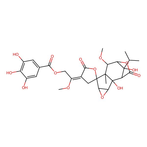 2D Structure of [(2E)-2-[(1S,2R,3S,5R,6S,7R,8S,9S,12R)-2,12-dihydroxy-8-methoxy-7-methyl-2',11-dioxo-12-propan-2-ylspiro[4,10-dioxatetracyclo[7.2.1.02,7.03,5]dodecane-6,5'-oxolane]-3'-ylidene]-2-methoxyethyl] 3,4,5-trihydroxybenzoate