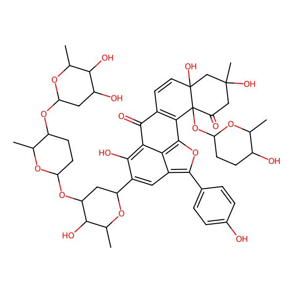 2D Structure of 15-[4-[5-(4,5-Dihydroxy-6-methyloxan-2-yl)oxy-6-methyloxan-2-yl]oxy-5-hydroxy-6-methyloxan-2-yl]-6,8,14-trihydroxy-3-(5-hydroxy-6-methyloxan-2-yl)oxy-18-(4-hydroxyphenyl)-6-methyl-19-oxapentacyclo[11.6.1.02,11.03,8.017,20]icosa-1(20),2(11),9,13,15,17-hexaene-4,12-dione