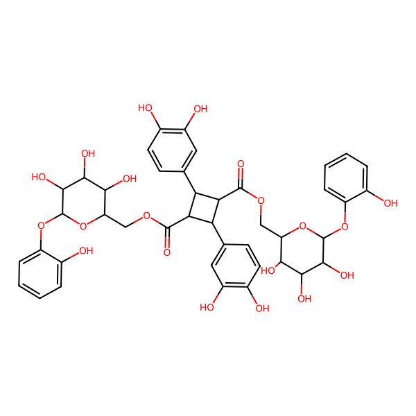 2D Structure of Bis[[3,4,5-trihydroxy-6-(2-hydroxyphenoxy)oxan-2-yl]methyl] 2,4-bis(3,4-dihydroxyphenyl)cyclobutane-1,3-dicarboxylate