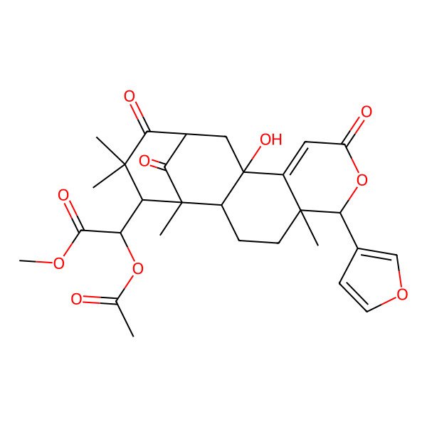 2D Structure of methyl (2R)-2-acetyloxy-2-[(1R,2S,5S,6S,11S,13R,16R)-6-(furan-3-yl)-11-hydroxy-1,5,15,15-tetramethyl-8,14,17-trioxo-7-oxatetracyclo[11.3.1.02,11.05,10]heptadec-9-en-16-yl]acetate