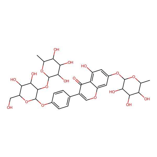 2D Structure of 3-[4-[(2R,3S,4R,5R,6S)-4,5-dihydroxy-6-(hydroxymethyl)-3-[(2R,3S,4R,5R,6S)-3,4,5-trihydroxy-6-methyloxan-2-yl]oxyoxan-2-yl]oxyphenyl]-5-hydroxy-7-[(2R,3S,4R,5R,6S)-3,4,5-trihydroxy-6-methyloxan-2-yl]oxychromen-4-one