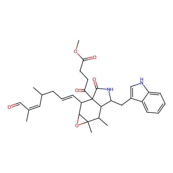 2D Structure of methyl 4-[2-(4,6-dimethyl-7-oxohepta-1,5-dienyl)-5-(1H-indol-3-ylmethyl)-6,6a-dimethyl-3-oxo-1a,2,4,5,5a,6-hexahydrooxireno[2,3-f]isoindol-2a-yl]-4-oxobutanoate