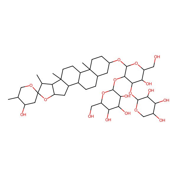 2D Structure of 2-[5-Hydroxy-6-(hydroxymethyl)-2-(4'-hydroxy-5',7,9,13-tetramethylspiro[5-oxapentacyclo[10.8.0.02,9.04,8.013,18]icosane-6,2'-oxane]-16-yl)oxy-4-(3,4,5-trihydroxyoxan-2-yl)oxyoxan-3-yl]oxy-6-(hydroxymethyl)oxane-3,4,5-triol