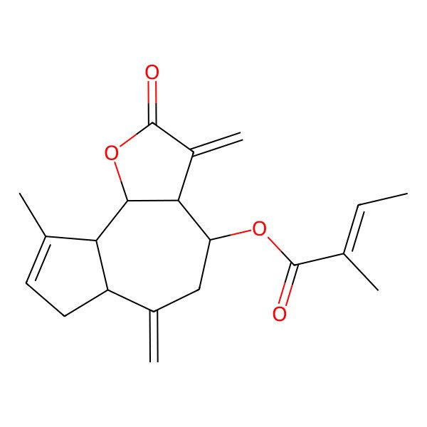 2D Structure of [(3aR,4R,6aR,9aR,9bR)-9-methyl-3,6-dimethylidene-2-oxo-4,5,6a,7,9a,9b-hexahydro-3aH-azuleno[4,5-b]furan-4-yl] (Z)-2-methylbut-2-enoate