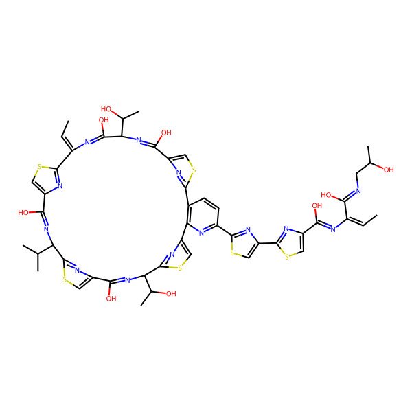 2D Structure of 2-[2-[(12R,19S,26Z,29S)-26-ethylidene-14,21,28,31-tetrahydroxy-29-[(1R)-1-hydroxyethyl]-12-[(1S)-1-hydroxyethyl]-19-propan-2-yl-10,17,24,34-tetrathia-6,13,20,27,30,35,36,37,38-nonazahexacyclo[30.2.1.18,11.115,18.122,25.02,7]octatriaconta-1(35),2(7),3,5,8,11(38),13,15,18(37),20,22,25(36),27,30,32-pentadecaen-5-yl]-1,3-thiazol-4-yl]-N-[(Z)-1-hydroxy-1-[(2R)-2-hydroxypropyl]iminobut-2-en-2-yl]-1,3-thiazole-4-carboximidic acid