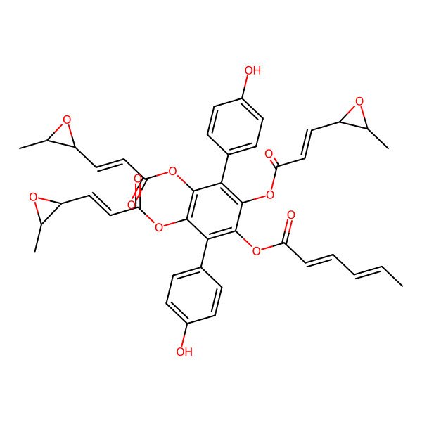 2D Structure of [2,5-Bis(4-hydroxyphenyl)-3,4,6-tris[3-(3-methyloxiran-2-yl)prop-2-enoyloxy]phenyl] hexa-2,4-dienoate