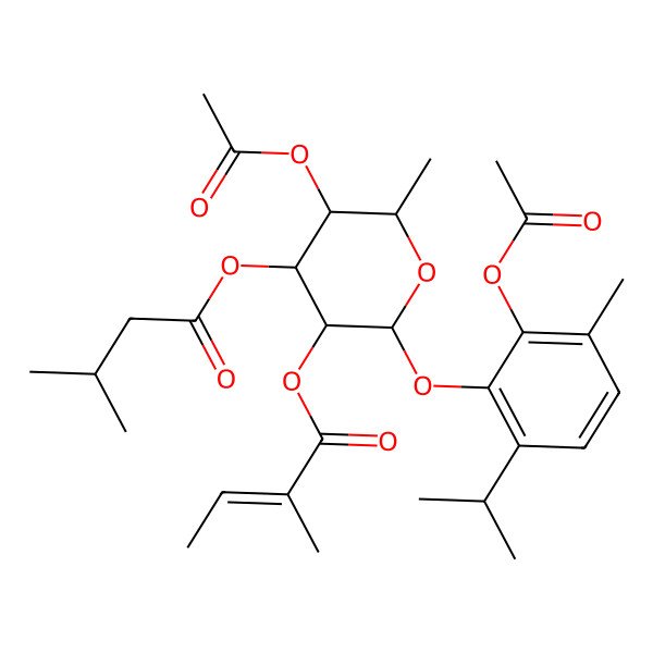 2D Structure of [(2S,3S,4S,5R,6S)-5-acetyloxy-2-(2-acetyloxy-3-methyl-6-propan-2-ylphenoxy)-6-methyl-4-(3-methylbutanoyloxy)oxan-3-yl] (Z)-2-methylbut-2-enoate