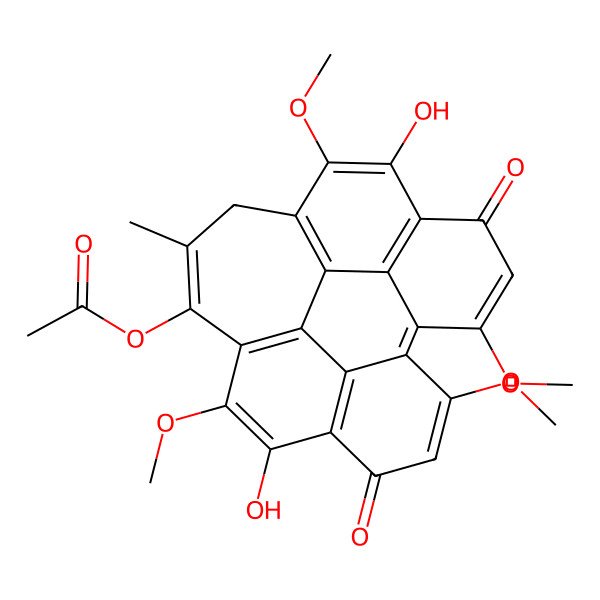 2D Structure of (9,17-Dihydroxy-5,10,16,21-tetramethoxy-13-methyl-7,19-dioxo-12-hexacyclo[13.8.0.02,11.03,8.04,22.018,23]tricosa-1(15),2(11),3(8),4(22),5,9,12,16,18(23),20-decaenyl) acetate