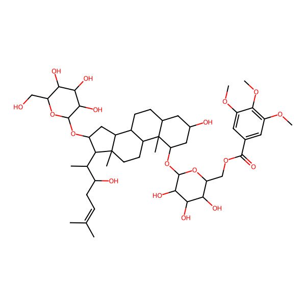 2D Structure of [3,4,5-trihydroxy-6-[[3-hydroxy-17-(3-hydroxy-6-methylhept-5-en-2-yl)-10,13-dimethyl-16-[3,4,5-trihydroxy-6-(hydroxymethyl)oxan-2-yl]oxy-2,3,4,5,6,7,8,9,11,12,14,15,16,17-tetradecahydro-1H-cyclopenta[a]phenanthren-1-yl]oxy]oxan-2-yl]methyl 3,4,5-trimethoxybenzoate