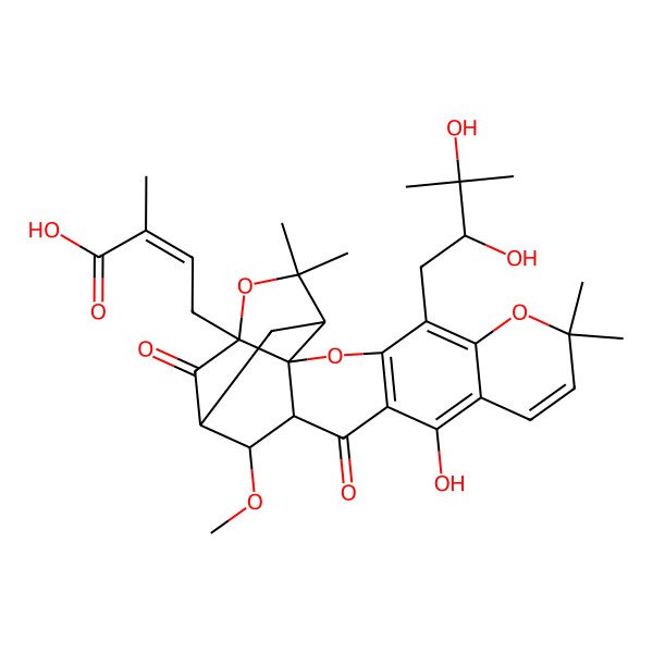 2D Structure of 4-[5-(2,3-Dihydroxy-3-methylbutyl)-12-hydroxy-16-methoxy-8,8,21,21-tetramethyl-14,18-dioxo-3,7,20-trioxahexacyclo[15.4.1.02,15.02,19.04,13.06,11]docosa-4(13),5,9,11-tetraen-19-yl]-2-methylbut-2-enoic acid