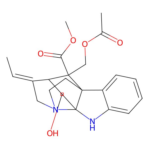 2D Structure of methyl (1S,9R,10R,12S,13E,18R)-18-(acetyloxymethyl)-13-ethylidene-10-hydroxy-8,15-diazapentacyclo[10.5.1.01,9.02,7.09,15]octadeca-2,4,6-triene-18-carboxylate