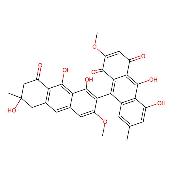 2D Structure of 5,10-Dihydroxy-2-methoxy-7-methyl-9-(1,6,9-trihydroxy-3-methoxy-6-methyl-8-oxo-5,7-dihydroanthracen-2-yl)anthracene-1,4-dione