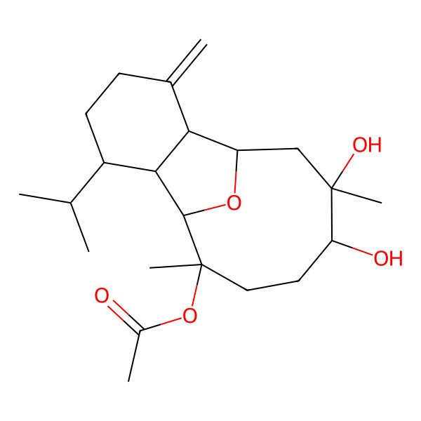 2D Structure of (12,13-Dihydroxy-9,13-dimethyl-3-methylidene-6-propan-2-yl-15-oxatricyclo[6.6.1.02,7]pentadecan-9-yl) acetate