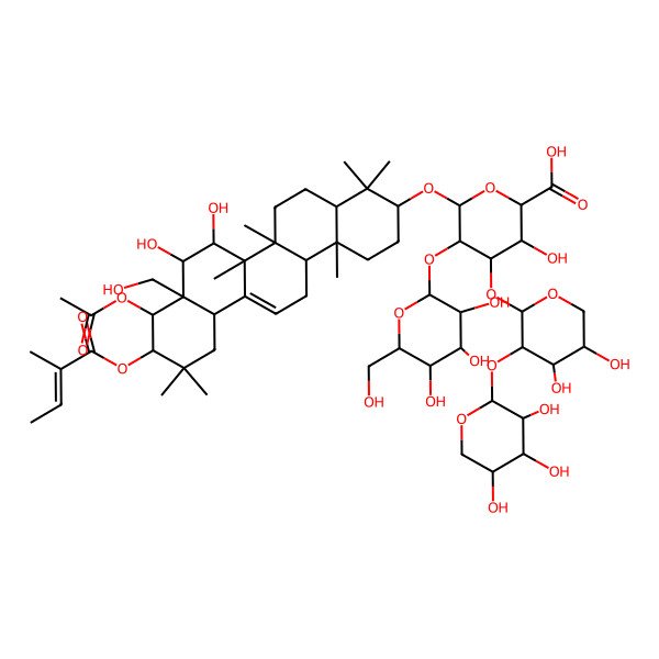 2D Structure of (2S,3S,4S,5R,6S)-6-[[(3S,4aR,6aR,6bS,7R,8S,8aR,9R,10R,12aS,14aR,14bR)-9-acetyloxy-7,8-dihydroxy-8a-(hydroxymethyl)-4,4,6a,6b,11,11,14b-heptamethyl-10-[(E)-2-methylbut-2-enoyl]oxy-1,2,3,4a,5,6,7,8,9,10,12,12a,14,14a-tetradecahydropicen-3-yl]oxy]-4-[(2S,3R,4S,5S)-4,5-dihydroxy-3-[(2S,3R,4S,5R)-3,4,5-trihydroxyoxan-2-yl]oxyoxan-2-yl]oxy-3-hydroxy-5-[(2S,3R,4S,5R,6R)-3,4,5-trihydroxy-6-(hydroxymethyl)oxan-2-yl]oxyoxane-2-carboxylic acid