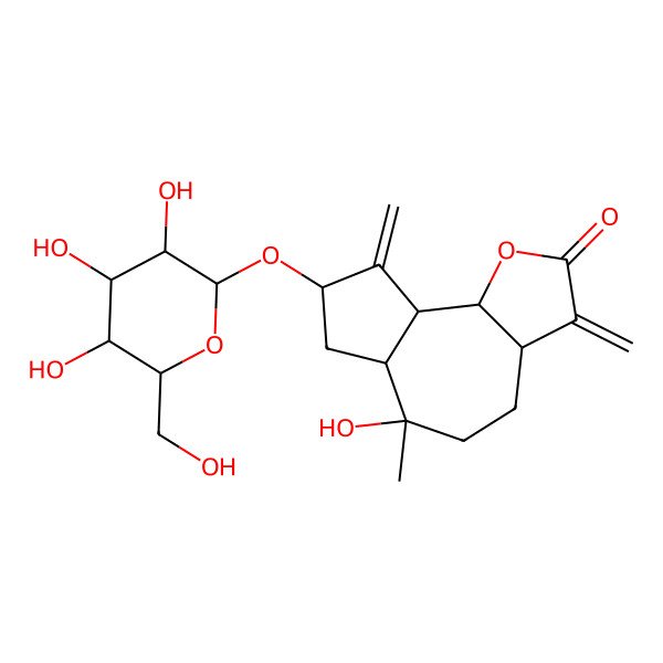 2D Structure of 6-Hydroxy-6-methyl-3,9-dimethylidene-8-[3,4,5-trihydroxy-6-(hydroxymethyl)oxan-2-yl]oxy-3a,4,5,6a,7,8,9a,9b-octahydroazuleno[4,5-b]furan-2-one