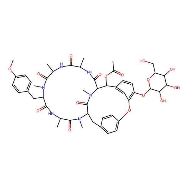 2D Structure of [10-[(4-Methoxyphenyl)methyl]-4,7,9,13,15,29-hexamethyl-2,5,8,11,14,30-hexaoxo-24-[3,4,5-trihydroxy-6-(hydroxymethyl)oxan-2-yl]oxy-22-oxa-3,6,9,12,15,29-hexazatetracyclo[14.12.2.218,21.123,27]tritriaconta-18,20,23,25,27(31),32-hexaen-28-yl] acetate