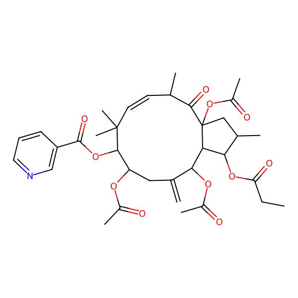 2D Structure of (3a,10,13-triacetyloxy-2,5,8,8-tetramethyl-12-methylidene-4-oxo-1-propanoyloxy-2,3,5,9,10,11,13,13a-octahydro-1H-cyclopenta[12]annulen-9-yl) pyridine-3-carboxylate