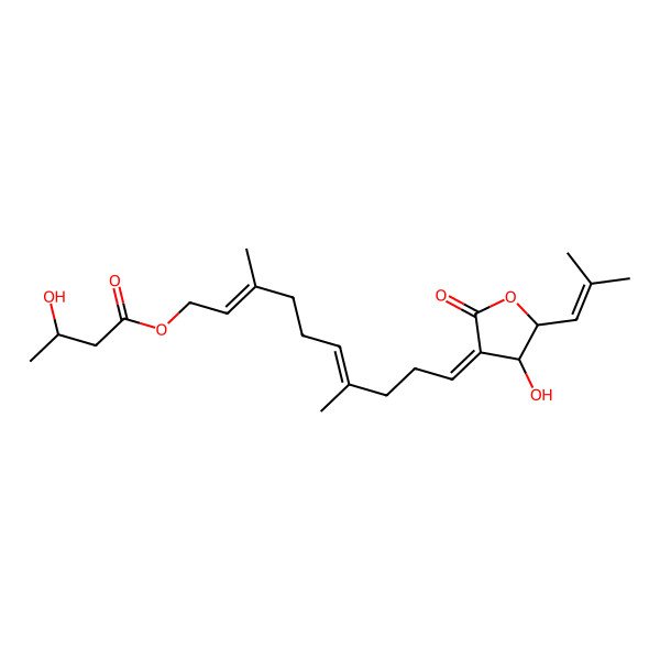 2D Structure of [(2Z,6E,10E)-10-[(4S,5R)-4-hydroxy-5-(2-methylprop-1-enyl)-2-oxooxolan-3-ylidene]-3,7-dimethyldeca-2,6-dienyl] (3S)-3-hydroxybutanoate