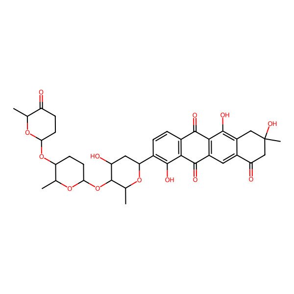 2D Structure of (3S)-3,5,10-trihydroxy-9-[4-hydroxy-6-methyl-5-[6-methyl-5-(6-methyl-5-oxooxan-2-yl)oxyoxan-2-yl]oxyoxan-2-yl]-3-methyl-2,4-dihydrotetracene-1,6,11-trione