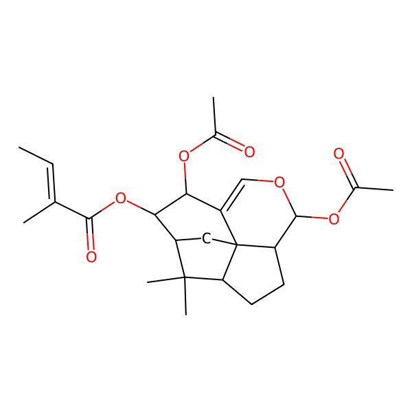 2D Structure of (3,7-Diacetyloxy-14,14-dimethyl-6-oxatetracyclo[9.2.1.04,12.08,12]tetradec-4-en-2-yl) 2-methylbut-2-enoate