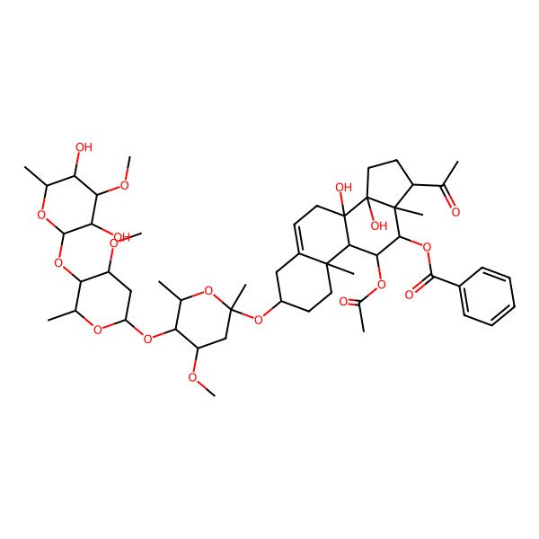 2D Structure of [(3S,8S,10R,11S,12S,13S,14R,17R)-17-acetyl-11-acetyloxy-3-[5-[5-(3,5-dihydroxy-4-methoxy-6-methyloxan-2-yl)oxy-4-methoxy-6-methyloxan-2-yl]oxy-4-methoxy-2,6-dimethyloxan-2-yl]oxy-8,14-dihydroxy-10,13-dimethyl-2,3,4,7,9,11,12,15,16,17-decahydro-1H-cyclopenta[a]phenanthren-12-yl] benzoate