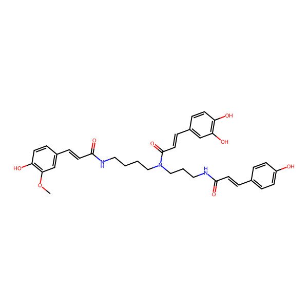 2D Structure of (E)-N-[3-[[(E)-3-(3,4-dihydroxyphenyl)prop-2-enoyl]-[4-[[(E)-3-(4-hydroxy-3-methoxyphenyl)prop-2-enoyl]amino]butyl]amino]propyl]-3-(4-hydroxyphenyl)prop-2-enamide