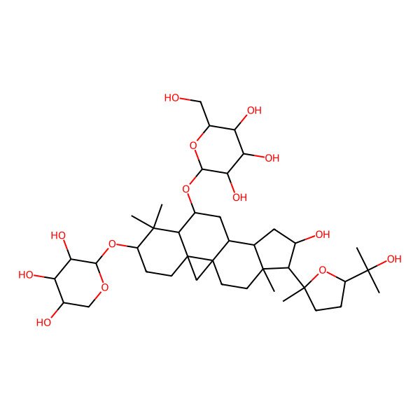 2D Structure of 2-[[14-Hydroxy-15-[5-(2-hydroxypropan-2-yl)-2-methyloxolan-2-yl]-7,7,16-trimethyl-6-(3,4,5-trihydroxyoxan-2-yl)oxy-9-pentacyclo[9.7.0.01,3.03,8.012,16]octadecanyl]oxy]-6-(hydroxymethyl)oxane-3,4,5-triol