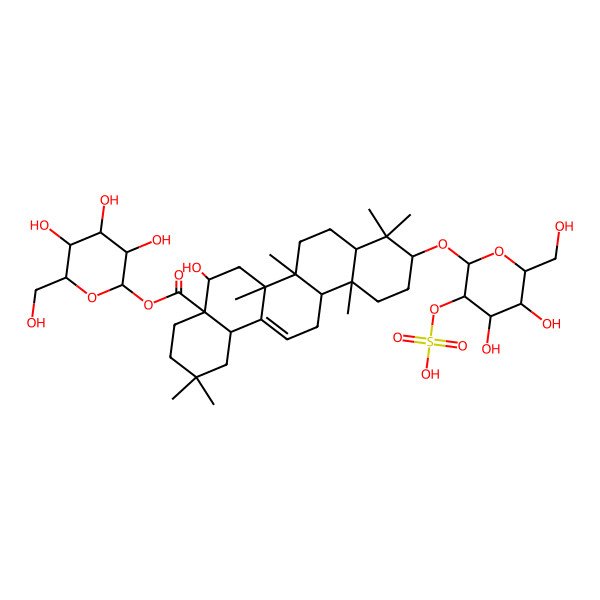 2D Structure of [3,4,5-Trihydroxy-6-(hydroxymethyl)oxan-2-yl] 10-[4,5-dihydroxy-6-(hydroxymethyl)-3-sulfooxyoxan-2-yl]oxy-5-hydroxy-2,2,6a,6b,9,9,12a-heptamethyl-1,3,4,5,6,6a,7,8,8a,10,11,12,13,14b-tetradecahydropicene-4a-carboxylate