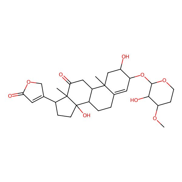2D Structure of 3-[2,14-dihydroxy-3-(3-hydroxy-4-methoxyoxan-2-yl)oxy-10,13-dimethyl-12-oxo-2,3,6,7,8,9,11,15,16,17-decahydro-1H-cyclopenta[a]phenanthren-17-yl]-2H-furan-5-one
