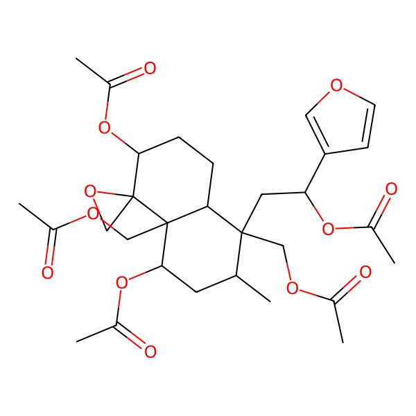 2D Structure of [(1R,2R,4S,4aR,5R,6S,8aR)-4,6-diacetyloxy-1-[2-acetyloxy-2-(furan-3-yl)ethyl]-4a-(acetyloxymethyl)-2-methylspiro[3,4,6,7,8,8a-hexahydro-2H-naphthalene-5,2'-oxirane]-1-yl]methyl acetate