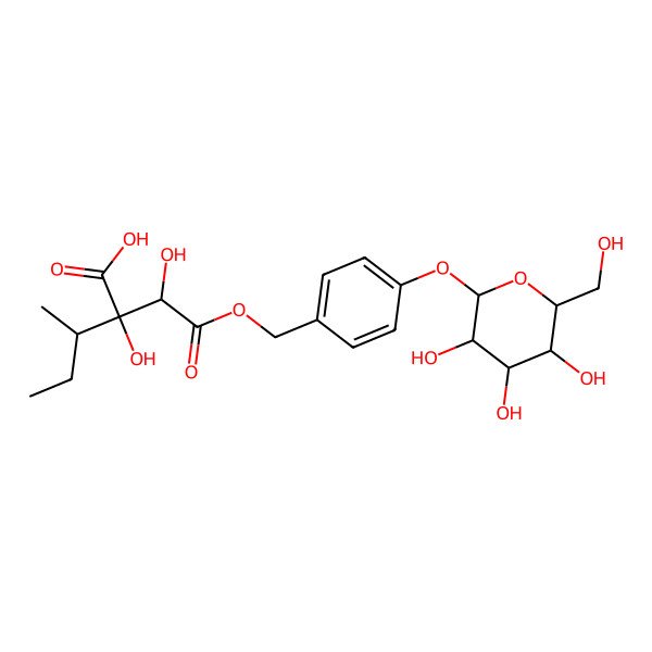 2D Structure of (2R,3R)-2-hydroxy-2-[(1S)-1-hydroxy-2-oxo-2-[[4-[(2S,3R,4S,5S,6R)-3,4,5-trihydroxy-6-(hydroxymethyl)oxan-2-yl]oxyphenyl]methoxy]ethyl]-3-methylpentanoic acid