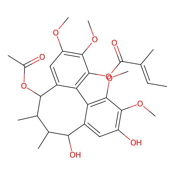 2D Structure of [(8R,9R,10R,11R)-8-acetyloxy-11,14-dihydroxy-4,5,15,16-tetramethoxy-9,10-dimethyl-3-tricyclo[10.4.0.02,7]hexadeca-1(16),2,4,6,12,14-hexaenyl] 2-methylbut-2-enoate