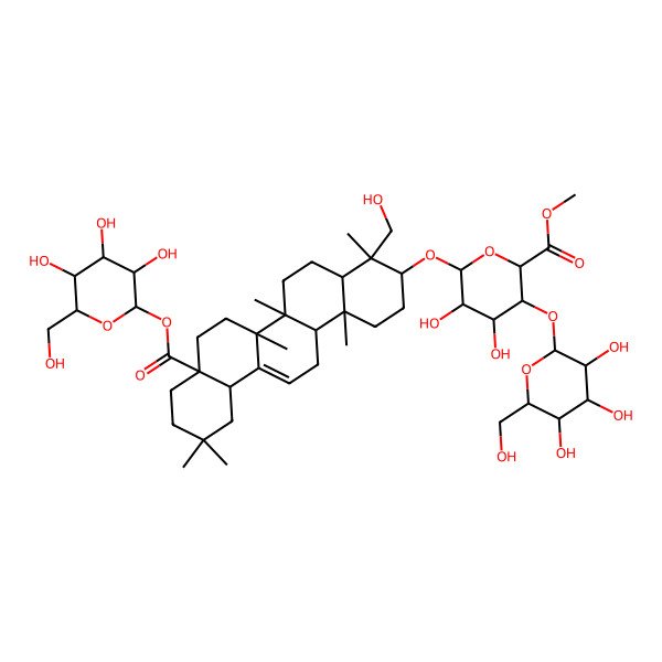 2D Structure of methyl (2S,3S,4R,5R,6R)-6-[[(3S,4R,4aR,6aR,6bS,8aS,12aS,14aR,14bR)-4-(hydroxymethyl)-4,6a,6b,11,11,14b-hexamethyl-8a-[(2S,3R,4S,5S,6R)-3,4,5-trihydroxy-6-(hydroxymethyl)oxan-2-yl]oxycarbonyl-1,2,3,4a,5,6,7,8,9,10,12,12a,14,14a-tetradecahydropicen-3-yl]oxy]-4,5-dihydroxy-3-[(2S,3R,4S,5R,6R)-3,4,5-trihydroxy-6-(hydroxymethyl)oxan-2-yl]oxyoxane-2-carboxylate