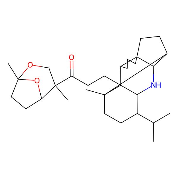 2D Structure of 1-[(1R,4R,5S)-1,4-dimethyl-2,8-dioxabicyclo[3.2.1]octan-4-yl]-3-[(1S,2R,3R,7R,10S,14R)-1-methyl-14-propan-2-yl-12-azapentacyclo[8.6.0.02,13.03,7.07,11]hexadecan-2-yl]propan-1-one