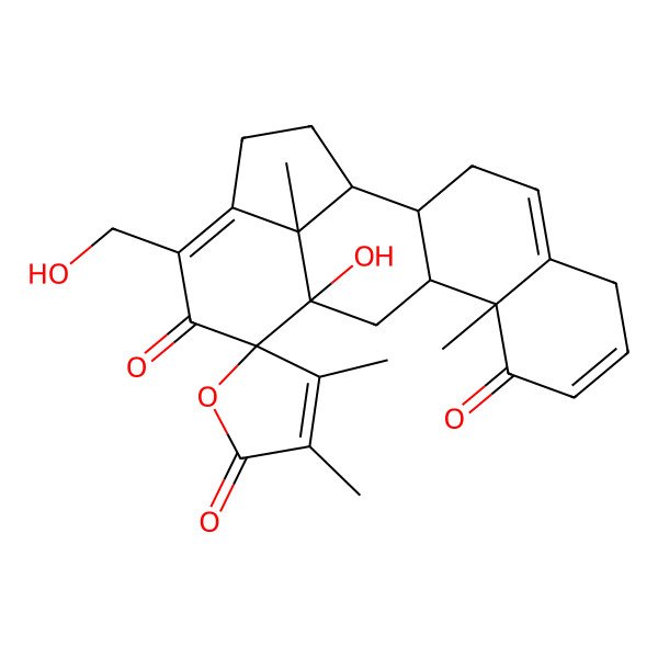 2D Structure of 5a-Hydroxy-3-(hydroxymethyl)-3',4',6b,12c-tetramethylspiro[1,2,6,6a,10,12,12a,12b-octahydrobenzo[j]aceanthrylene-5,5'-furan]-2',4,7-trione