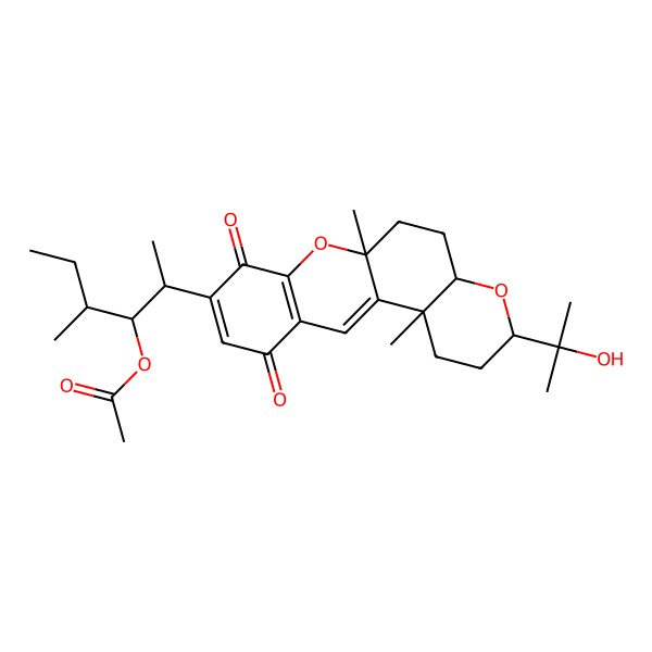 2D Structure of [(2S,3S,4S)-2-[(3R,4aR,6aR,12bR)-3-(2-hydroxypropan-2-yl)-6a,12b-dimethyl-8,11-dioxo-1,2,3,4a,5,6-hexahydropyrano[3,2-a]xanthen-9-yl]-4-methylhexan-3-yl] acetate