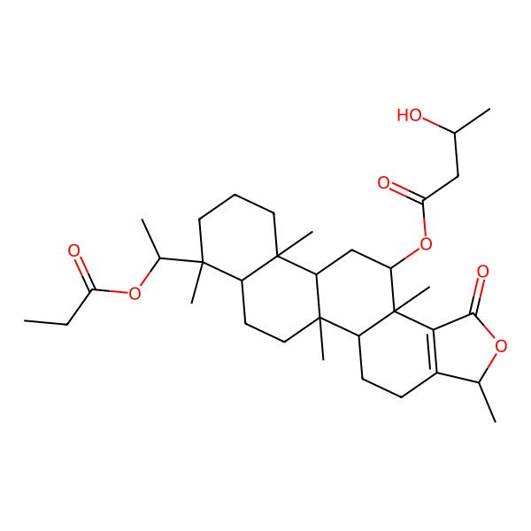 2D Structure of [(3S,5aS,5bR,7aR,8S,11aR,11bR,13S,13aS)-3,5b,8,11a,13a-pentamethyl-1-oxo-8-(1-propanoyloxyethyl)-4,5,5a,6,7,7a,9,10,11,11b,12,13-dodecahydro-3H-phenanthro[2,1-e][2]benzofuran-13-yl] 3-hydroxybutanoate