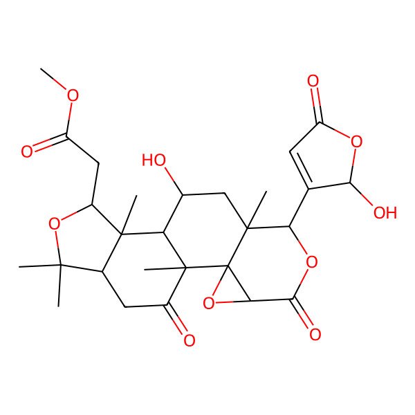 2D Structure of methyl 2-[(1R,2R,4S,7R,8S,10S,11R,12R,13R,16R)-10-hydroxy-7-(2-hydroxy-5-oxo-2H-furan-3-yl)-1,8,12,15,15-pentamethyl-5,18-dioxo-3,6,14-trioxapentacyclo[9.7.0.02,4.02,8.012,16]octadecan-13-yl]acetate