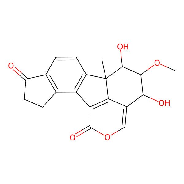 2D Structure of (11R,12R,13R,14R)-12,14-dihydroxy-13-methoxy-11-methyl-17-oxapentacyclo[9.7.1.02,10.03,7.015,19]nonadeca-1(19),2(10),3(7),8,15-pentaene-6,18-dione
