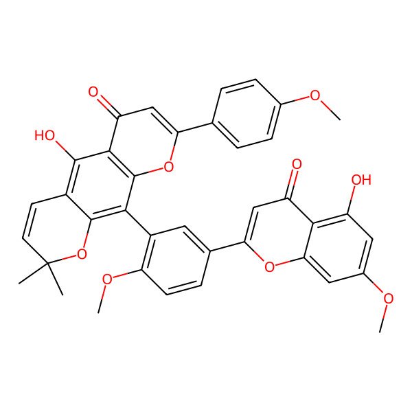 2D Structure of 5-Hydroxy-10-[5-(5-hydroxy-7-methoxy-4-oxochromen-2-yl)-2-methoxyphenyl]-8-(4-methoxyphenyl)-2,2-dimethylpyrano[3,2-g]chromen-6-one