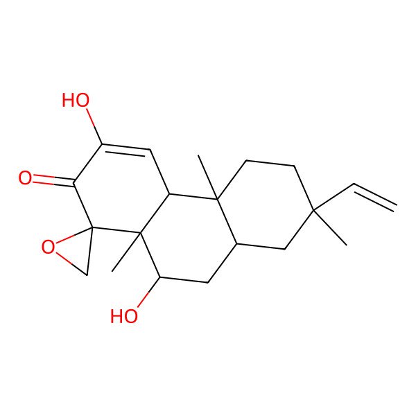 2D Structure of (1R,4aR,4bS,7S,8aR,10R,10aR)-7-ethenyl-3,10-dihydroxy-4b,7,10a-trimethylspiro[5,6,8,8a,9,10-hexahydro-4aH-phenanthrene-1,2'-oxirane]-2-one