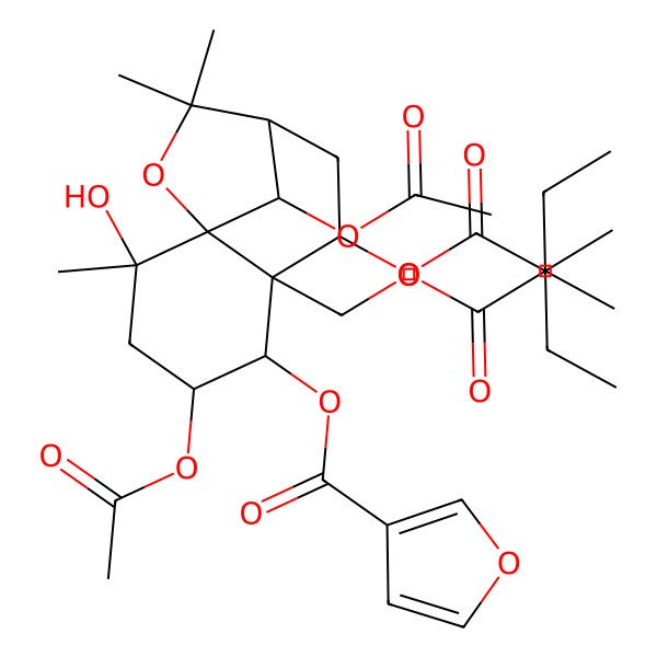 2D Structure of [(1S,2S,4S,5R,6R,7R,9R,12R)-4,12-diacetyloxy-2-hydroxy-2,10,10-trimethyl-7-[(2R)-2-methylbutanoyl]oxy-6-[[(2R)-2-methylbutanoyl]oxymethyl]-11-oxatricyclo[7.2.1.01,6]dodecan-5-yl] furan-3-carboxylate
