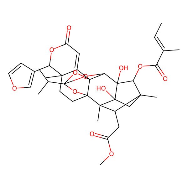 2D Structure of [(1S,4R,5R,10R,12S,14R,15S,16R,18R,19S,20R,22S)-5-(furan-3-yl)-15,16-dihydroxy-19-(2-methoxy-2-oxoethyl)-4,18,20-trimethyl-7-oxo-12-propan-2-yl-6,11,13,21-tetraoxaheptacyclo[10.8.1.115,18.01,10.04,9.010,14.016,20]docos-8-en-22-yl] (E)-2-methylbut-2-enoate