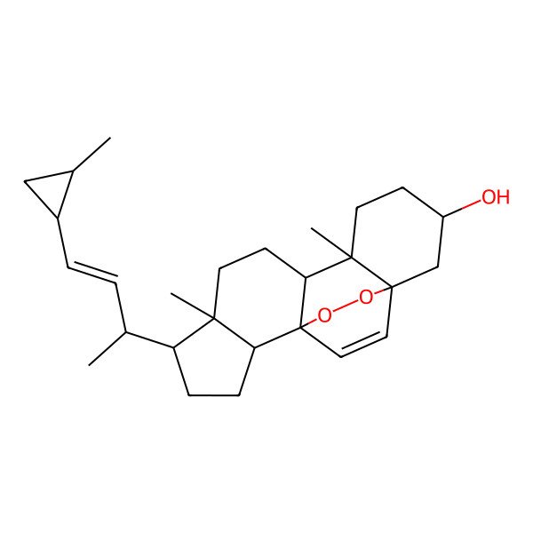 2D Structure of 6,10-Dimethyl-5-[4-(2-methylcyclopropyl)but-3-en-2-yl]-16,17-dioxapentacyclo[13.2.2.01,9.02,6.010,15]nonadec-18-en-13-ol
