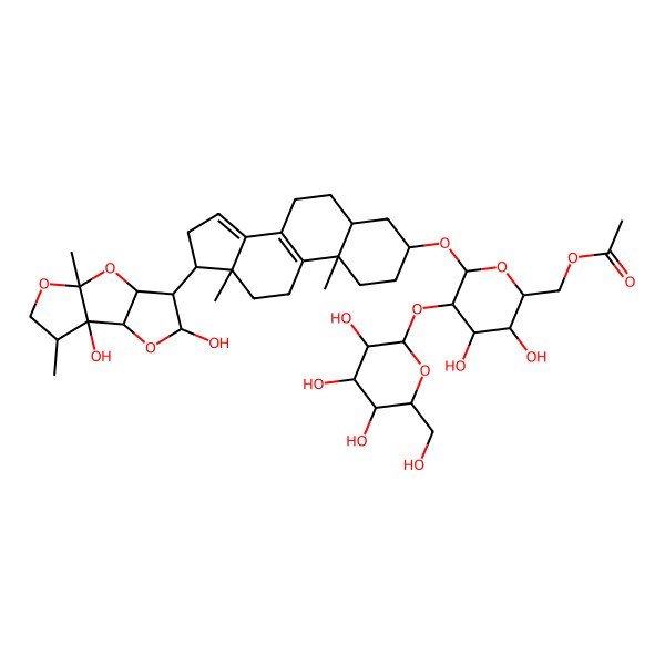2D Structure of [(2R,3S,4S,5R,6R)-6-[[(3S,5S,10S,13R,17R)-17-[(1R,2S,4S,5S,6R,8S,11S)-1,4-dihydroxy-8,11-dimethyl-3,7,9-trioxatricyclo[6.3.0.02,6]undecan-5-yl]-10,13-dimethyl-2,3,4,5,6,7,11,12,16,17-decahydro-1H-cyclopenta[a]phenanthren-3-yl]oxy]-3,4-dihydroxy-5-[(2S,3R,4S,5R,6R)-3,4,5-trihydroxy-6-(hydroxymethyl)oxan-2-yl]oxyoxan-2-yl]methyl acetate